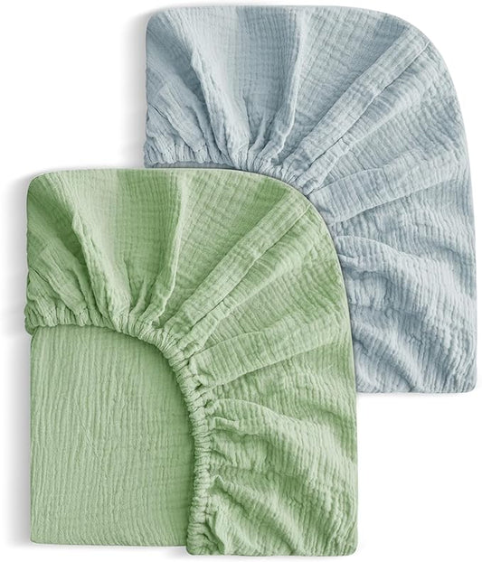2 Pack Soft Muslin Baby Crib Sheets, 100% Cotton Breathable Double Layer Fitted Sheets for Standard Crib and Toddler Bed Mattresses 28x52 Inches, for Baby Girls and Boys (Sage & Fog