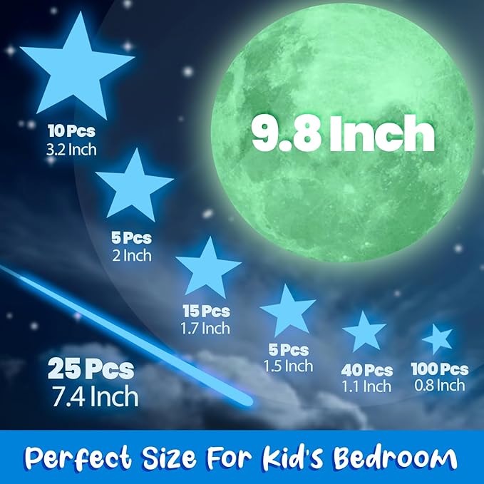 Glow in The Dark Stars and Moon for Ceiling, Luminous Wall Decal, Wall Decor, Sticky Fluorescence Stars, Gift for Boy and Girl, Perfect for Kids Nursery, Bedroom, Living Room (Colorful)
