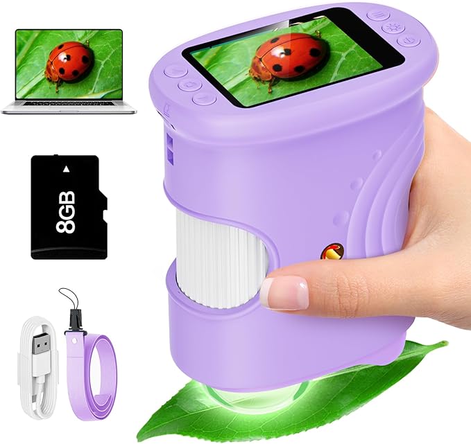 Kids Digital Microscope 1000X Zoom, Mini Pocket Handheld Microscope with Camera/Video/Telescope Function, Portable Outdoor Travel Toys for Boys Girls 3-8 Years STEM Gifts, 8GB SD Card Included