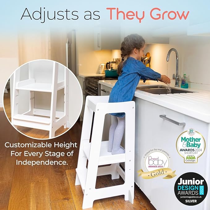 Stepup Baby Toddler Step Stool - Adjustable Height Kids Helper Step Stool, Durable, Non-Slip & Bathroom Sink, Platform for Kitchen, Toddler Tower for Exploration and Growth - White