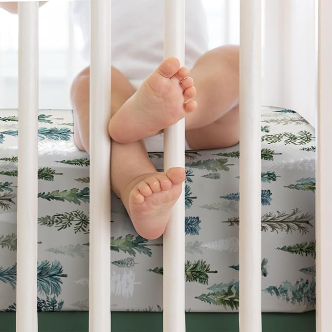 Boho Green Trees Baby Crib Sheet 52''x28'' Retro Pine Trees Stretchy Fitted Crib Mattress Cover for Boy Girl Winter Holiday Soft Baby Bed Sheets for Standard Crib and Toddler Mattresses