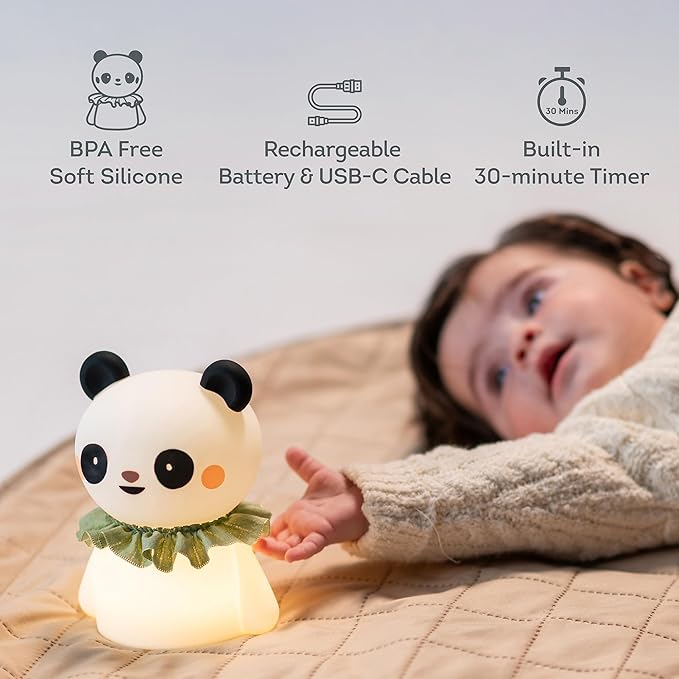 Taf Toys Silicone Kids Night Light Adjustable Brightness Levels & 30-Min Timer Tap Control 3-Level Dimmable Baby Night Lights for Nursery USB Rechargeable Nursing Lamp Bedroom Décor (Little Panda)