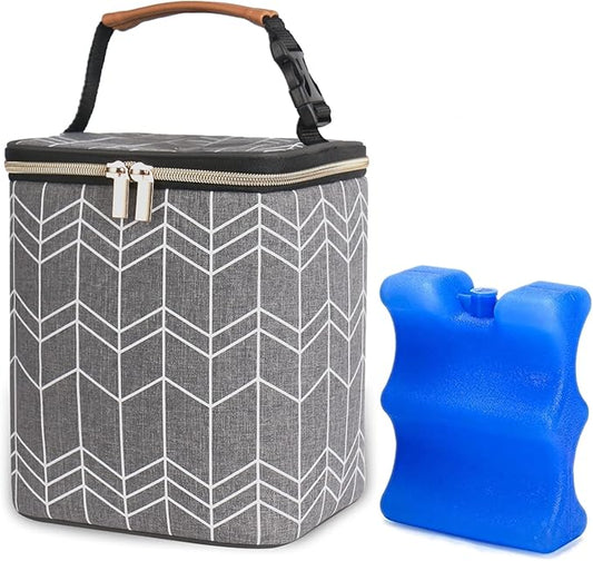 Breast Milk Cooler Bag with Ice Pack Fits 4 Baby Bottles Up to 9 Ounce, Baby Bottle Bag Great for Nursing Mom Daycare, Grey