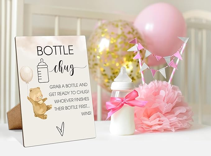 Baby Shower Games Bottle Chug Sign-8x11 Inches Little Bear Wooden Sign Baby Gift for Baby Shower Gender Reveal Party, Gender Neutral Baby Bottle Shower Party Games Favors Supplies-6
