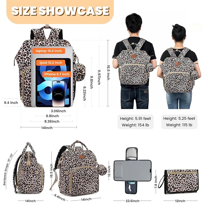 Diaper Bag Backpack with Changing Pad, Pacifier Case, Baby Bag for Boy Girl Toddler - Large, Stylish, Waterproof Travel Quilted Diaper Bag for Mom - Baby Shower - Cheetah