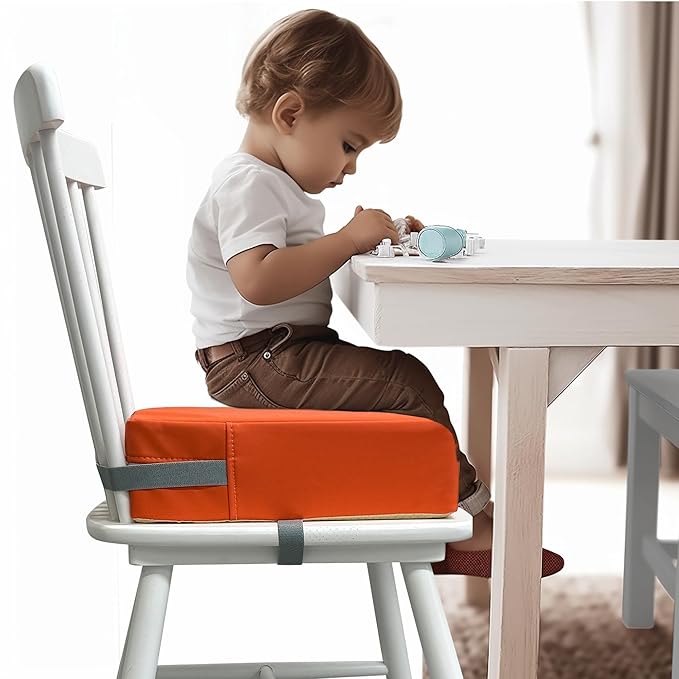 Toddler Booster Seat for Dining Table, 2 Elastic Seat Belts, Anti Scratch PU Skin-Friendly, Waterproof, Anti-Wrinkle, Detachable Non-Slip Bottom - Tangerine