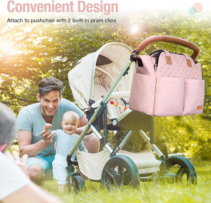 Lekebaby Diaper Bag Tote, Large Diaper Bags Waterproof,Large Mommy Bag Tote Bag Handbag Pink Travel, Black and Beige