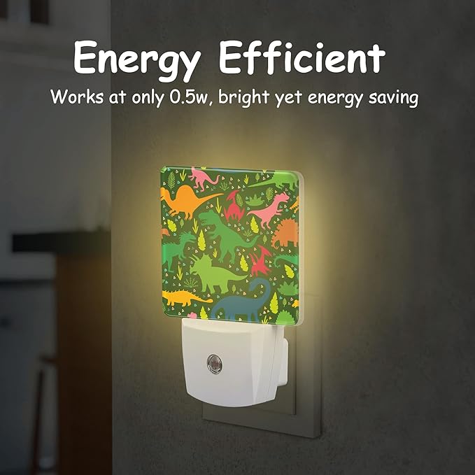Cute Colorful Dinosaurs Night Light Plug into Wall with Dusk to Dawn Sensor Tropical Leaves Energy Efficient LED Nightlight for Women Girls Boys Room Decor,Hallway,Kitchen,Bathroom,Nursery,Stairs
