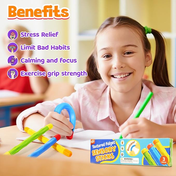 Fidget Toys Sensory Sticks for Kids: 3 Pack Textured Sensory Toys for Autism Calming - Quiet Fidgets for Classroom Must Have - Stress Relief Item for Classroom Student - Travel Activity Essentials