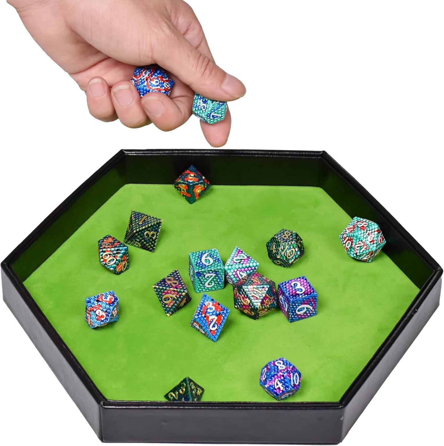DND Dice Tray - 2 in 1 Hexagonal Rolling and Storage Tray, Faux Leather Material, Green Color, Compatible with D&D, MTG, Dice Arena
