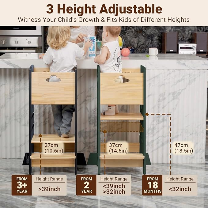 COSYLAND Toddler Standing Tower Adjustable Height - Super Stable Toddler Kitchen Stool Helper - 3 Levels Adjustable Wooden Kids Kitchen Stool (Natural & Green)