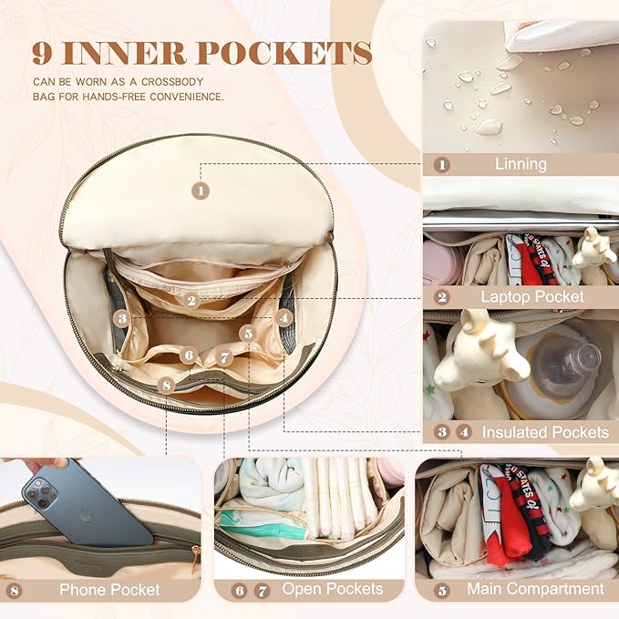 miss fong Diaper Bag Backpack Baby Diaper Bag, Large Leather Diaper Backpack with 16 Pockets Travel Diaper Bag with Diaper Changing Pad, Stroller Straps & 2 Insulated Pockets (Convertible, Forest)