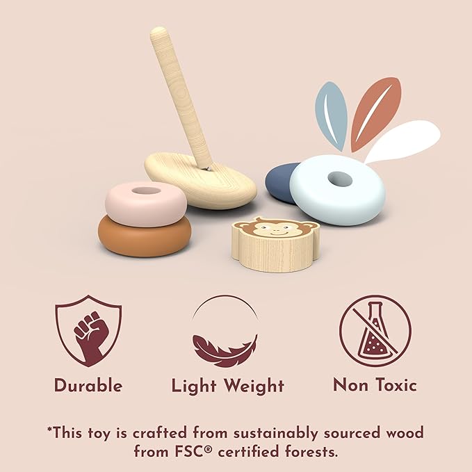SPEEDY MONKEY Roly Poly Stacker Toy for Toddlers | Wooden Stacking Toy for Baby Boys & Girls | FSC-Certified Wobble Base with Colorful Rings for Fine Motor Skills | Sensory Learning Gift for Kids 1-5