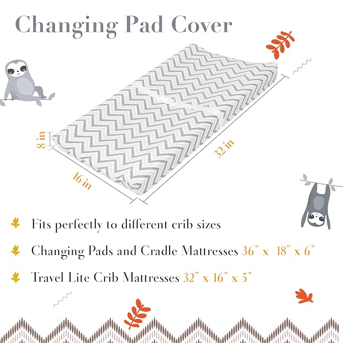 100% Cotton Changing Pad Cover for Baby Boys and Girls, Chevron - Breathable Bassinet, Mini Crib Mattress Fitted Sheets - Little Sloth, 32"x16" with 8" Deep Pocket, White-Grey, 2 Pack