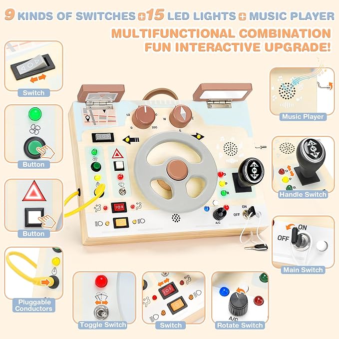 Joyreal Montessori Toddler Busy Board - Montessori Toys for 1 2 3 Years Old, Wooden Sensory Board with LED Lights, Steering Wheel, Music Player, Travel Toys for 1+ Year Old Boy & Girl Birthday Gift