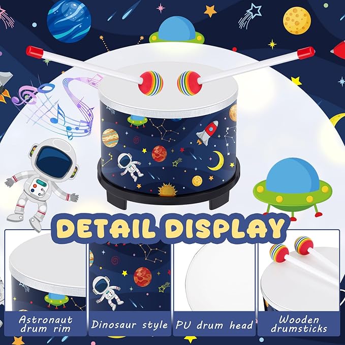 Boao Floor Tom Drum for Kids 8'' W x 6.5'' H Wooden Percussion Instrument Music Drum with 2 Rainbow Mallets Astronaut Educational Toys for Baby Children Toddler Boy Girl Birthday Gift