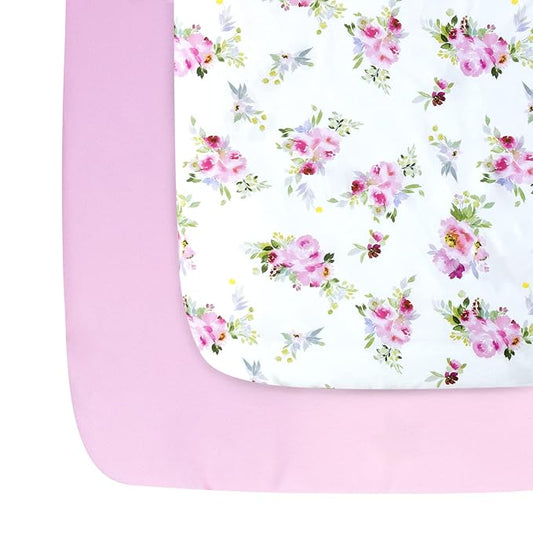 Pack and Play Sheets Girl, 2 Pack Mini Crib Sheets, Stretchy Playard Fitted Sheet, Compatible with Graco Pack n Play, Soft and Breathable Material, Floral