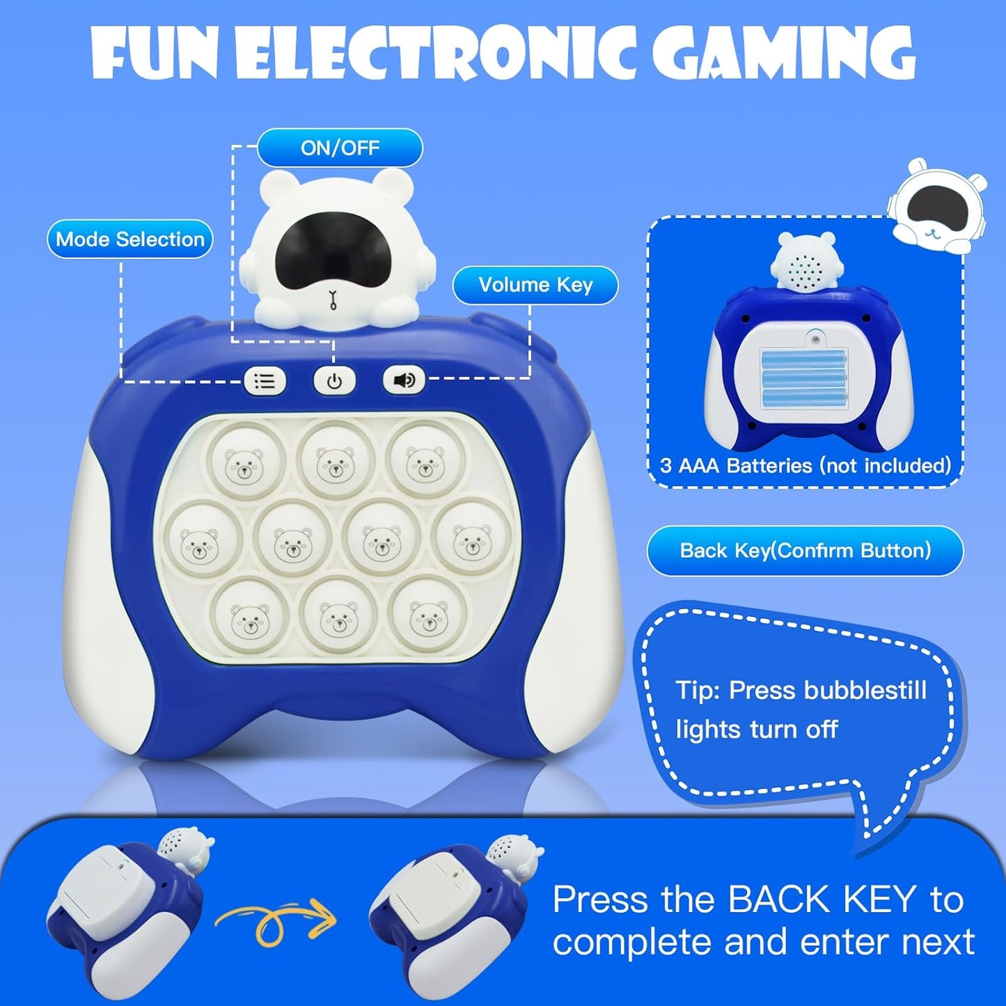 Pop Fidget Kids Games Toys, Fast Push Game,Handheld Game for Kids 3+, Quick Push Game, Bubble Stress Pop Light Up Game, Autism Sensory Toys Mini Games, Birthday Gifts for Kinds -Blue