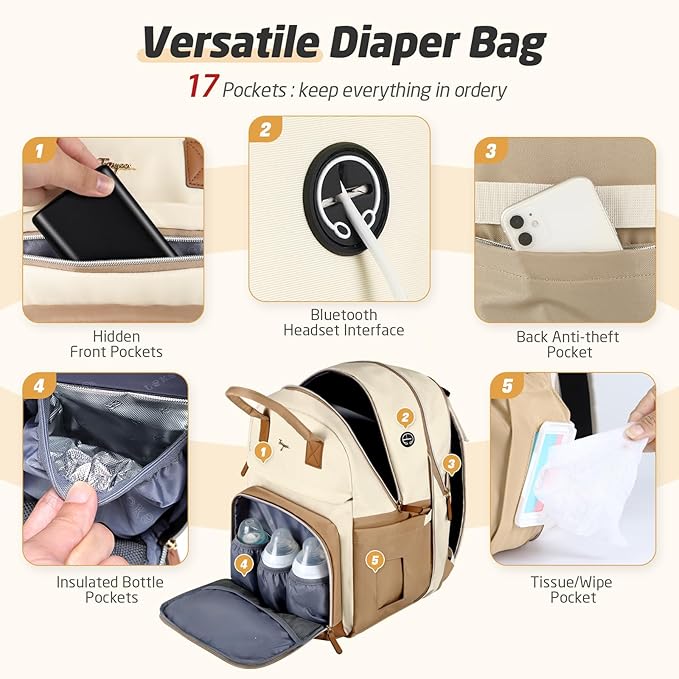 Diaper Bag Backpack - Extra Large Diaper Bag for 2 Kids Twin, Travel Baby Bags for Mom Dad 25-37L Expandable with Changing Pad Earphone Hole, Apricot Beige