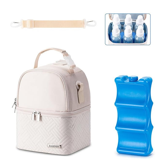 Breastmilk Cooler Bag with Ice Pack Fits 6 Baby Bottles up to 9 Ounce, Breast Milk Pump Cooler Bag with Shoulder Strap for Nursing Mom Daycare, Work, Travel- Cream
