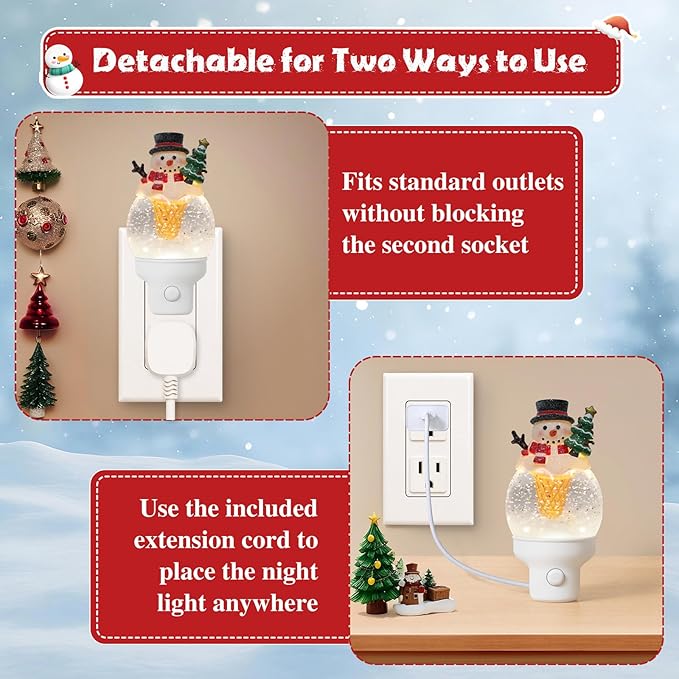 Christmas Night Light Plug into Wall Glitter Water Nightlight with USB/Outlet Options, Christmas Snowman Ice Cream Decorative Nightlight for Bedroom Holiday Decorations Gifts (Snowman Ice Cream)
