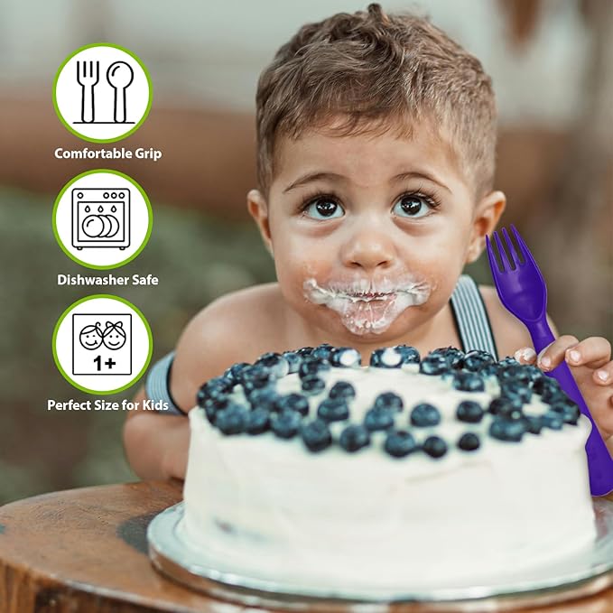 12 Pcs Kids Spoons and Forks Toddler Utensils Plastics Reusable Silverware Baby Cutlery Set Feeding Dinnerware Utensils BPA Free Microwave Dishwasher and Freezer Safe- Purple