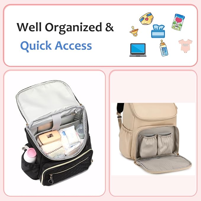 Large Capacity Diaper Bag Backpack with Stroller Buckle, Water-Resistant Travel Baby Bag with Insulated Pockets (Classic, Beige)