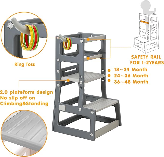 SDADI Adjustable Height Kids Kitchen Step Stool with Removable Safety Rails and Anti-Slip Protection- Toddler Standing Tower with with Ring Toss for Learning and Playing (Dark Grey and Light Grey)