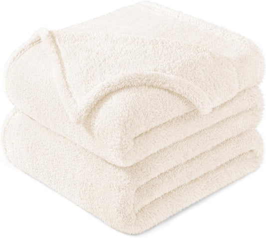 Exclusivo Mezcla Queen Size Flannel Fleece Blanket, Super Soft Velvet Plush Bed Blanket, Fuzzy Cozy and Warm for All Seasons, 90x90 Inches, Ivory