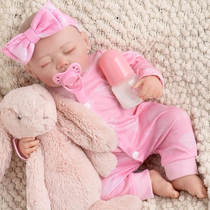 Jirachi Realistic Reborn Baby Dolls, Sleeping Baby Pink Girl Real Life Soft Cloth Body, 18 Inch Lifelike Reborn Baby with Feeding Accessories for Kids