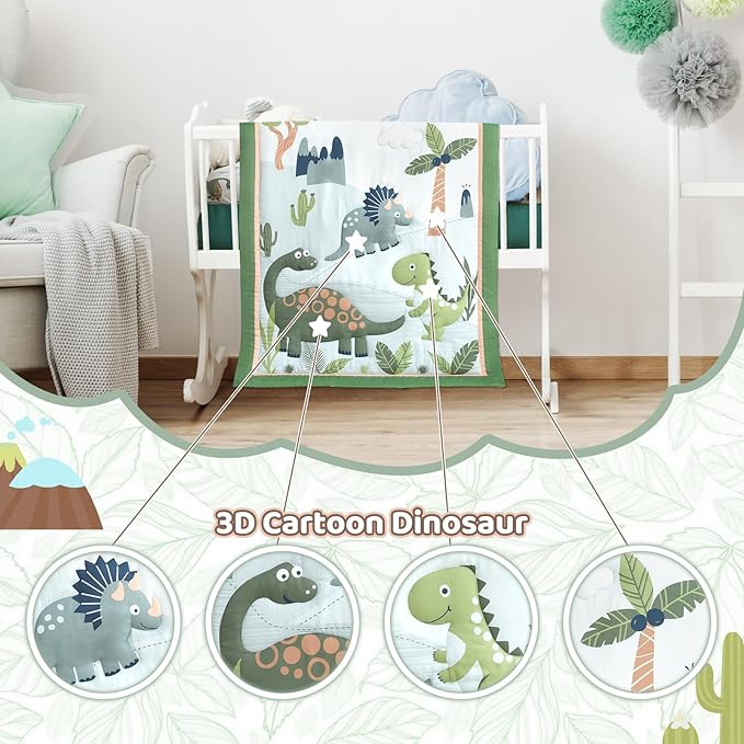 Wowelife Dinosaur Crib Bedding Set for Boys Green, Premium 3-Piece Baby Bedding Set, Nursery Crib Set, Newborn, Infant & Toddler Nursery Bed Set, Green Dinosaur