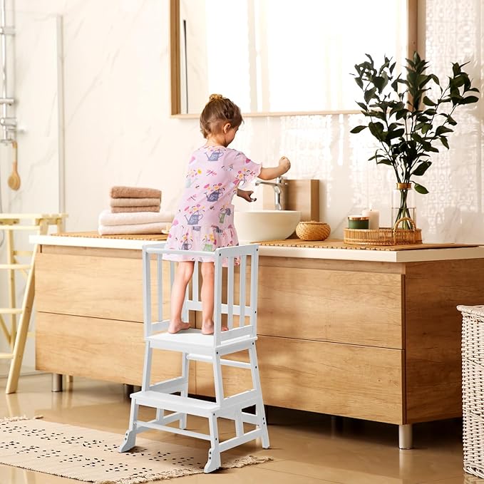 COSYLAND Toddler Kitchen Step Stool Helper - Wooden Standing Tower for Kids with Anti-Tip Support Legs - Mothers' Helper Kids Learning Stool for Kitchen Counter (White)