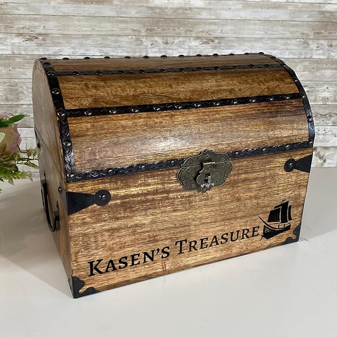 Nautical Cove Personalized Wood Treasure Chest - Pirate Chest with Custom Engraving (Large 13x10x10) – Decorative Storage, Treasure Box, Wooden Keepsake Box