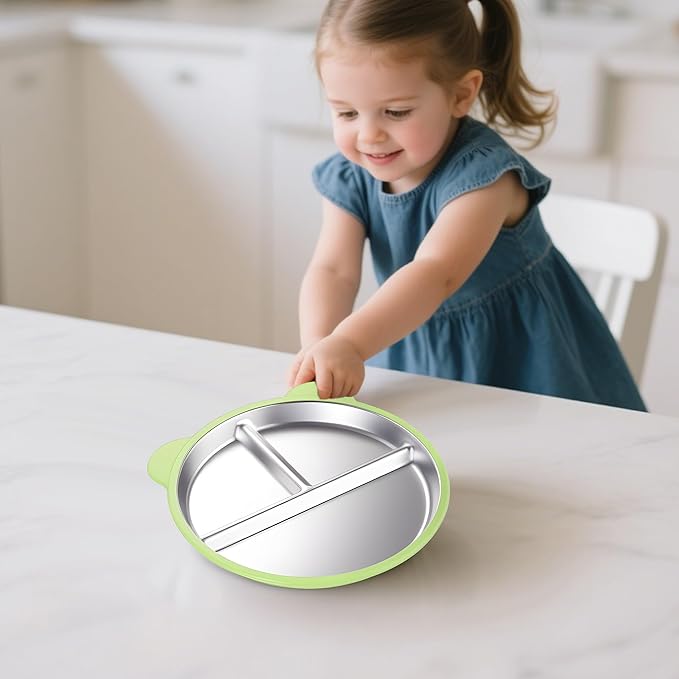 Stainless Steel Kids Plate with Suction Set of 4, 9″ Toddler Divided Plates with Removable Non Slip Silicone Sleeves, Dishwasher Safe Dinnerware, Light Pink, Baby Blue, Avocado Green, Beige