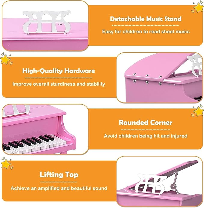 HONEY JOY Classical Kids Piano, 30-Key Mini Grand Piano with Music Stand and Bench, Wooden Musical Instrument Toy w/Lid & Music Rack, Gift for Boys Girls Ages 3+ (3 Straight Leg-Pink)