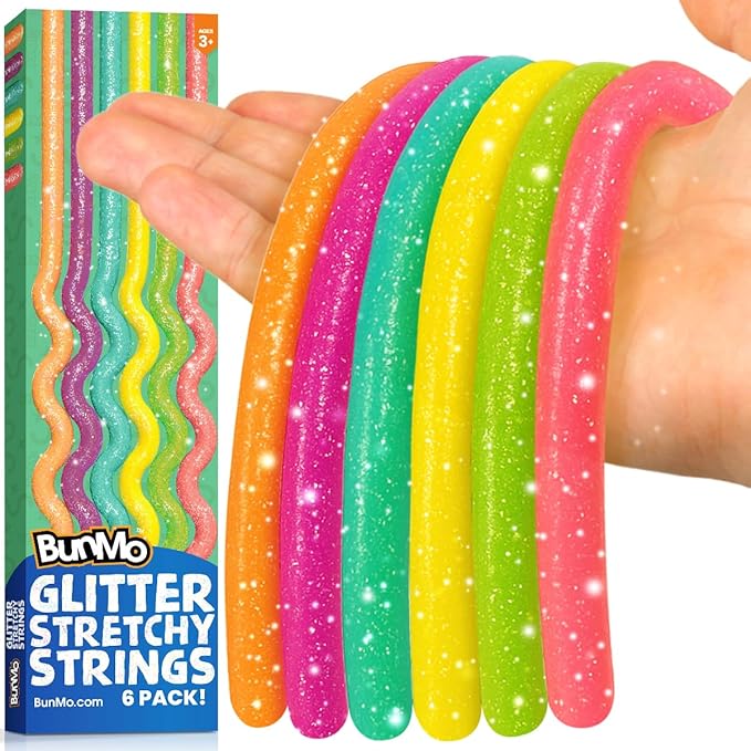 BUNMO Sensory Toys Stretchy Strings for Toddlers 3+ - Stimulating & Addictive Fidget Toys for Kids - Hours of Fun for Kids - Non-Mouthable Toy 3+ - Glitter 6 Pack