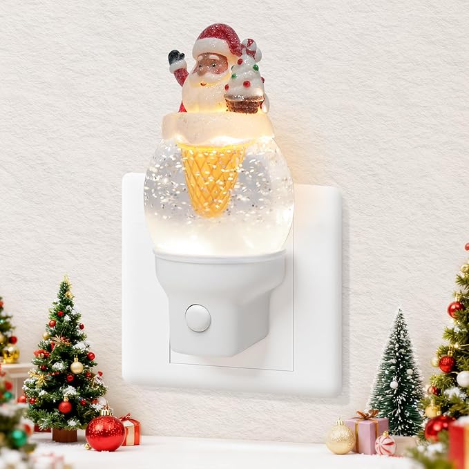Christmas Night Light Plug into Wall Swirling Glitter USB Portable Christmas Decorative Night Light Decoration for Kids Adults Bedroom Kitchen Living Room Holiday Decor (Santa Cookie Cones)