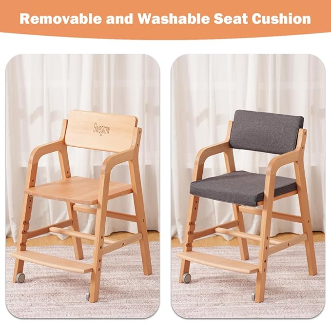Swegrow Wooden High Chair with 2 Wheels, Adjustable Seat - Backrest - Footrest Heights, Wooden High Chair for Toddlers - Kids and Baby, Kids Dining Chair with Removable Cushion(Gray)
