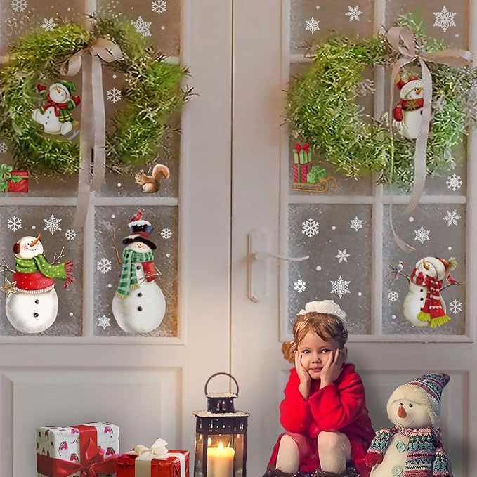 Christmas Snowflake Stickers，Snowman Decals，Window Stickers for Windows Glass，Winter Window Cling，Christmas Decorations Holiday,Christmas Window Clings (Snowman)
