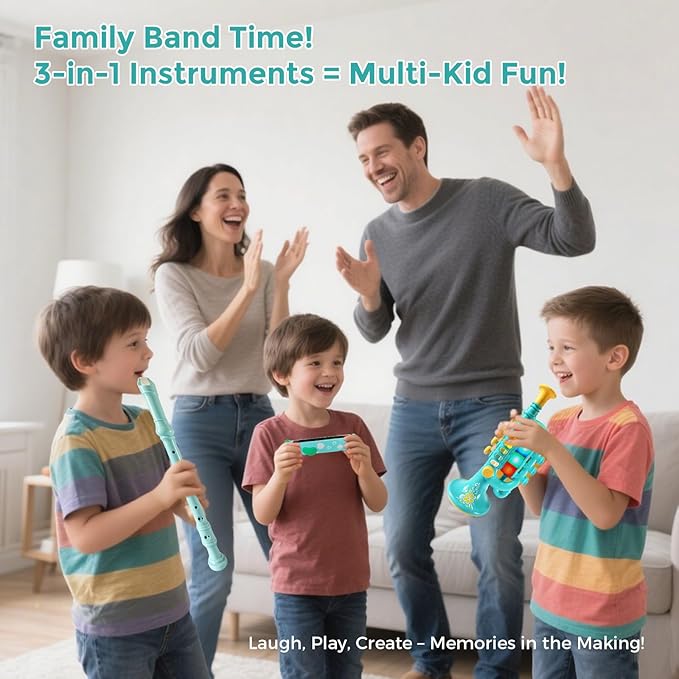 Kids Musical Instruments Toys 3 in 1, Trumpet Harmonica Recorder Set with Storage Bag, Educational Music Toys for Children Ages 3 4 5 6 7, Gifts for Boys Girls