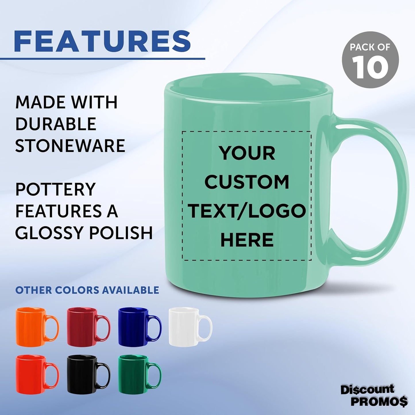 Custom Ceramic Coffee Mugs 11 oz. Set of 10, Personalized Bulk Pack - Coffee cup set, Iced coffee cup, Gaming mug - Tiffany Teal