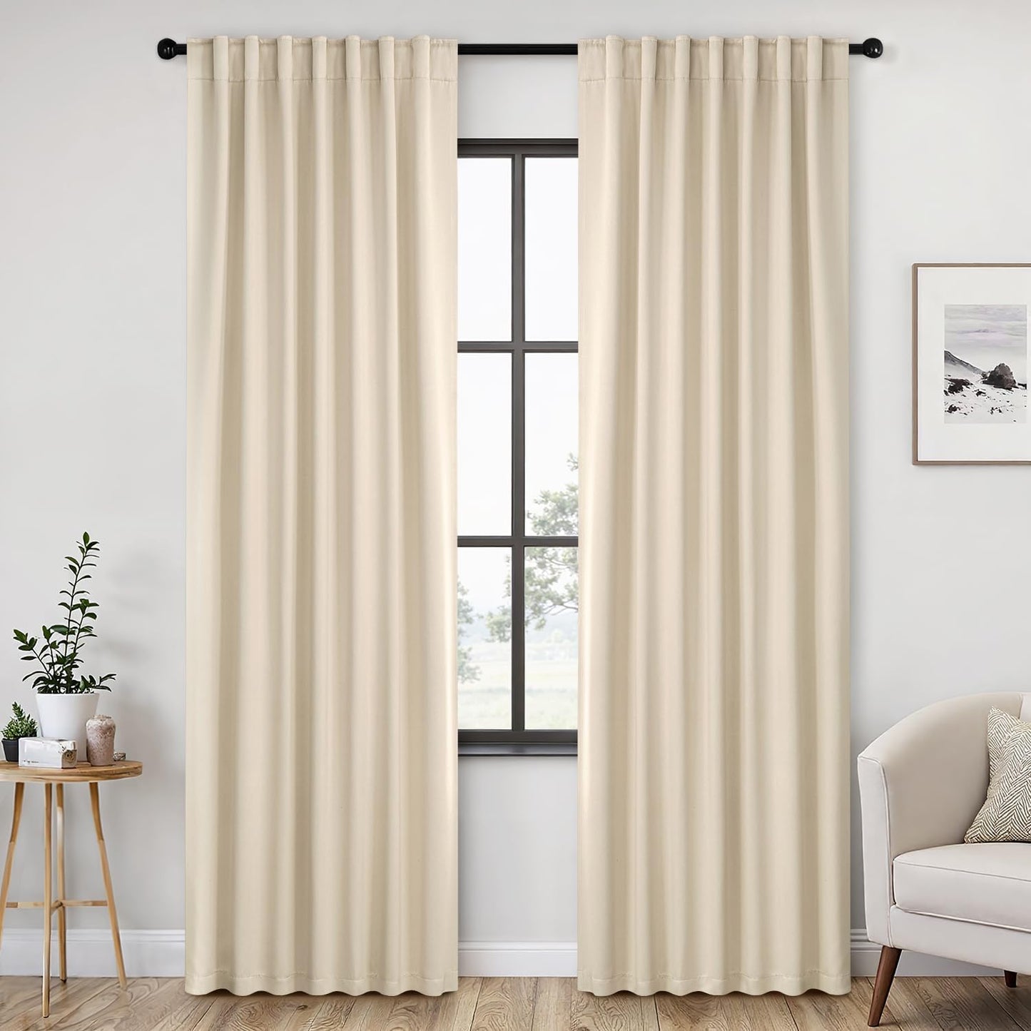 ANRODUO Back Tab Blackout Curtains for Bedroom Living Room, Rod Pocket Pinch Pleated Thermal Insulated Room Darkening Curtains 84 Inches Long 2 Panels, Cream Beige, 52 x 84 Inch