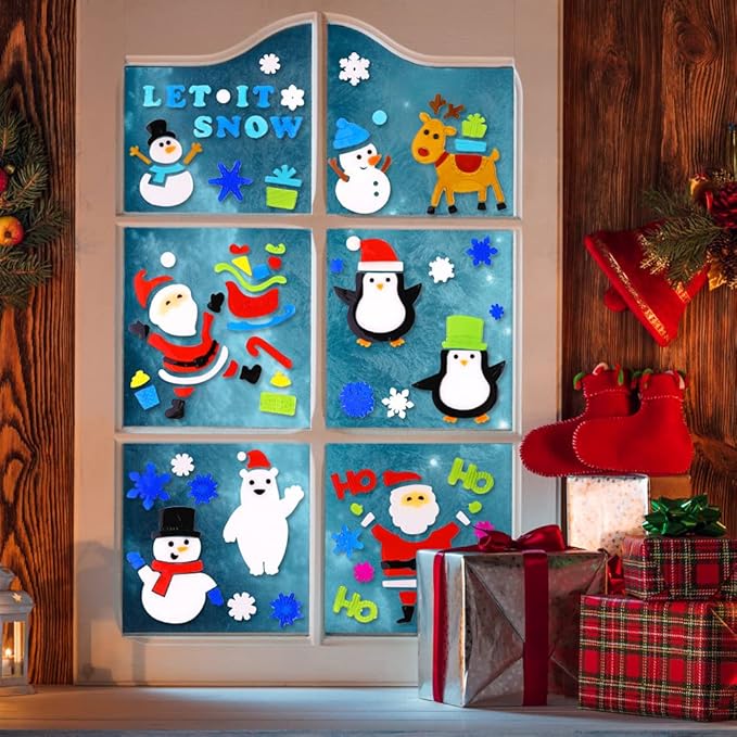 XIMISHOP 6pcs Christmas Gel Clings: Xmas Santa Claus Snowman Snowflake Penguin Window Decors