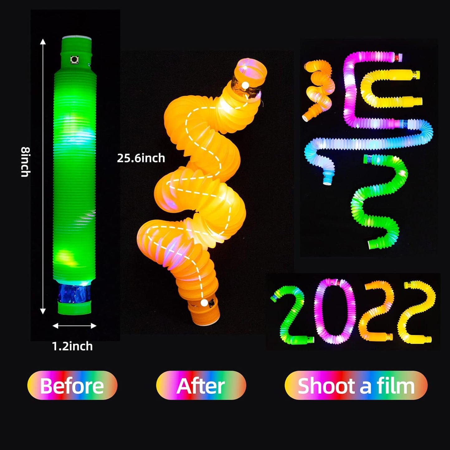 Light Up Pop Fidget Tubes: Glow Sensory Tube Stretch Toys for Kids Party Favors - Mini Plastic Pull Tubes Bulk with LED Lights Glowing Stick in the Dark (12 Pcs)