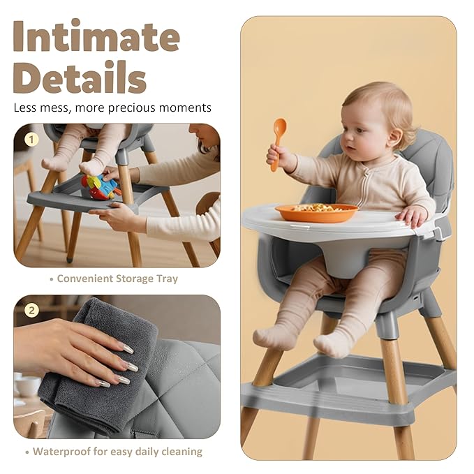 8 in 1 Wooden High Chairs for Babies Toddlers, Convertible to Booster Seat, Baby Feeding Highchair w/ 5-Point Safety Harness, Removable Tray & Cushion, Gray