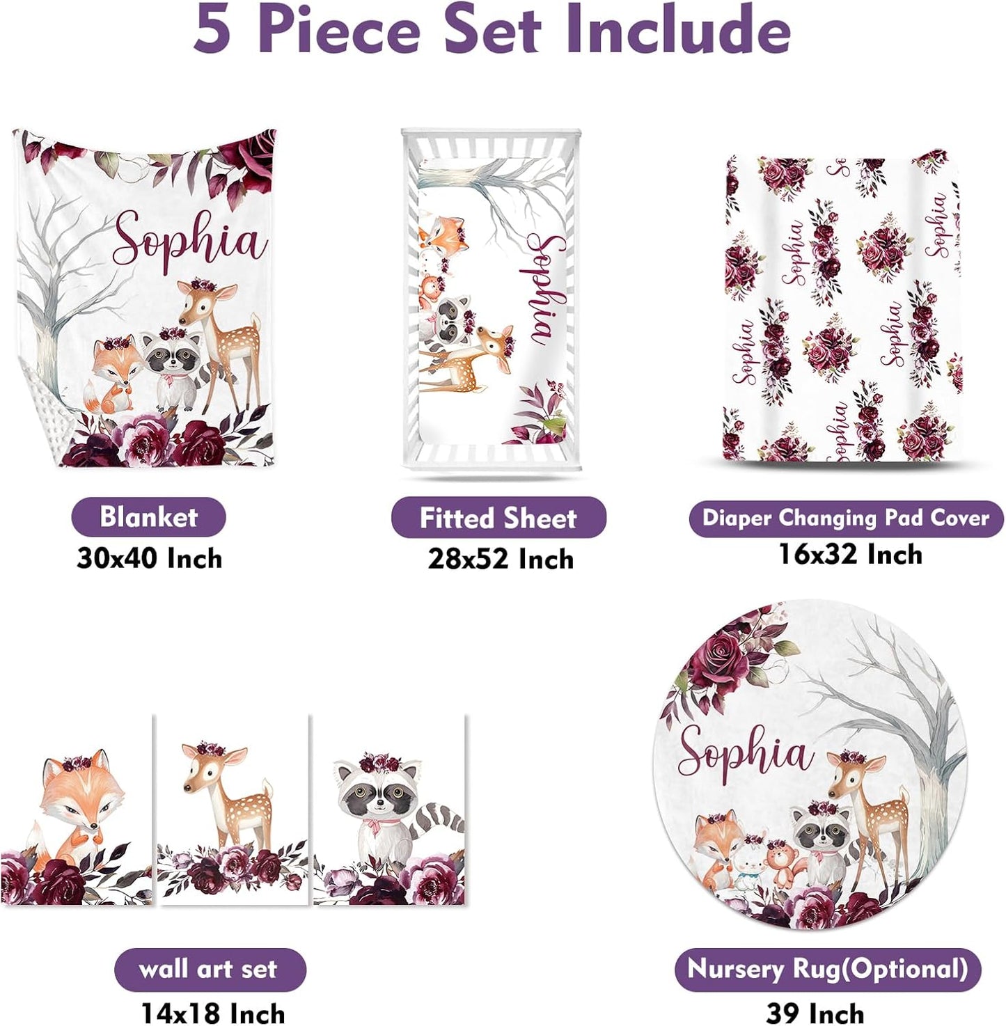 Personalized Baby Crib Bedding Set for Baby Girls, Rose Animal Pattern Custom Name 5-Pcs, Toddler Double Layer Blanket Fitted Sheets Changing Pad Cover Rug Wall Art Set