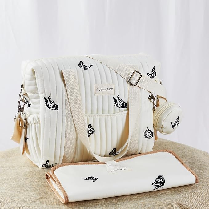 Large Diaper Bag Tote, Maternity Travel diaper tote, Multifunction baby bag, Baby Nappy Bags, Messenger bag (Medium - Beige Butterflies)