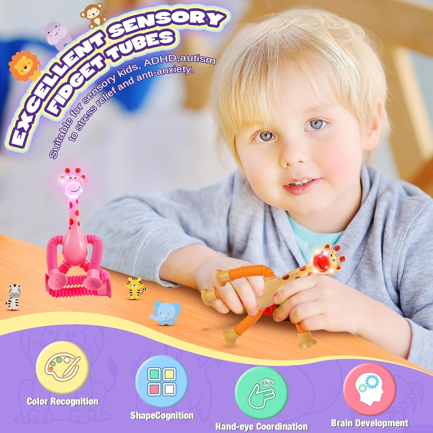 Sensory Fidget Toys for Kids : 4 Pack LED Giraffe Telescopic Pop Tubes 2 3 4 5 6 7 8 Year Old Girls Boys Easter Birthday Gifts Toy for Kid Ages 2-4 Autism Toddler Travel Toy Party Favors