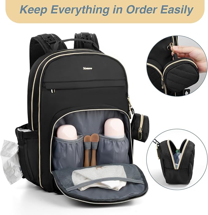 MOMUVO Diaper Bag Backpack, Quilted Baby Bag with Changing Pad and Stroller Straps and Pacifier Case, Large Travel Diaper Bags for Mom Dad,Black
