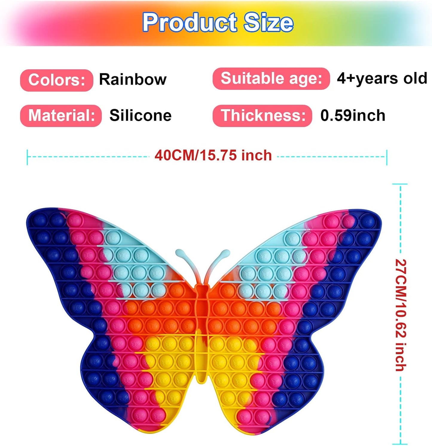 Pop Fidget Sensory Toys, Big Size Jumbo Butterfly Pop Toys 188 Bubbles Push it Bubble Toy Cute Colourful Game Anxiety Stress Reliever Silicone Squeeze toy Pop Sound for Girls Kids Adults Gifts-Blue
